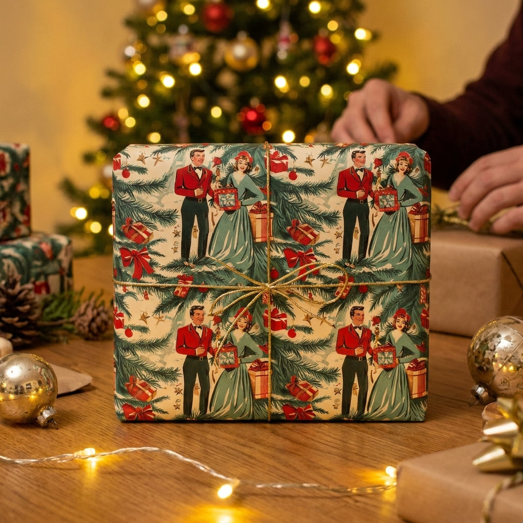Vintage Christmas wrapping paper with a retro couple pattern on a box tied with gold string by Wrapped Studios.