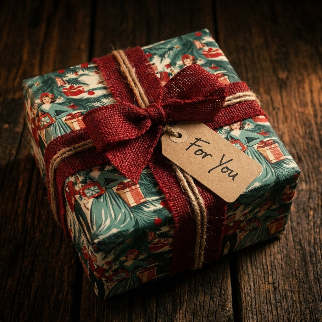 Vintage Christmas wrapping paper by Wrapped Studios on a rustic gift with a red burlap bow and 'For You' tag.
