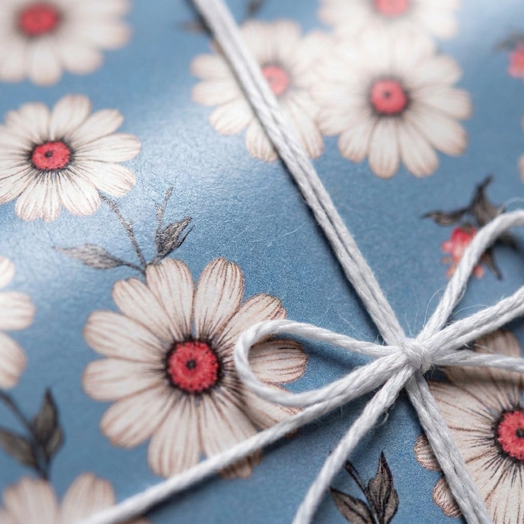 Vintage blue daisy floral wrapping paper tied with a white twine bow. Elegant gift wrap by Wrapped Studios.