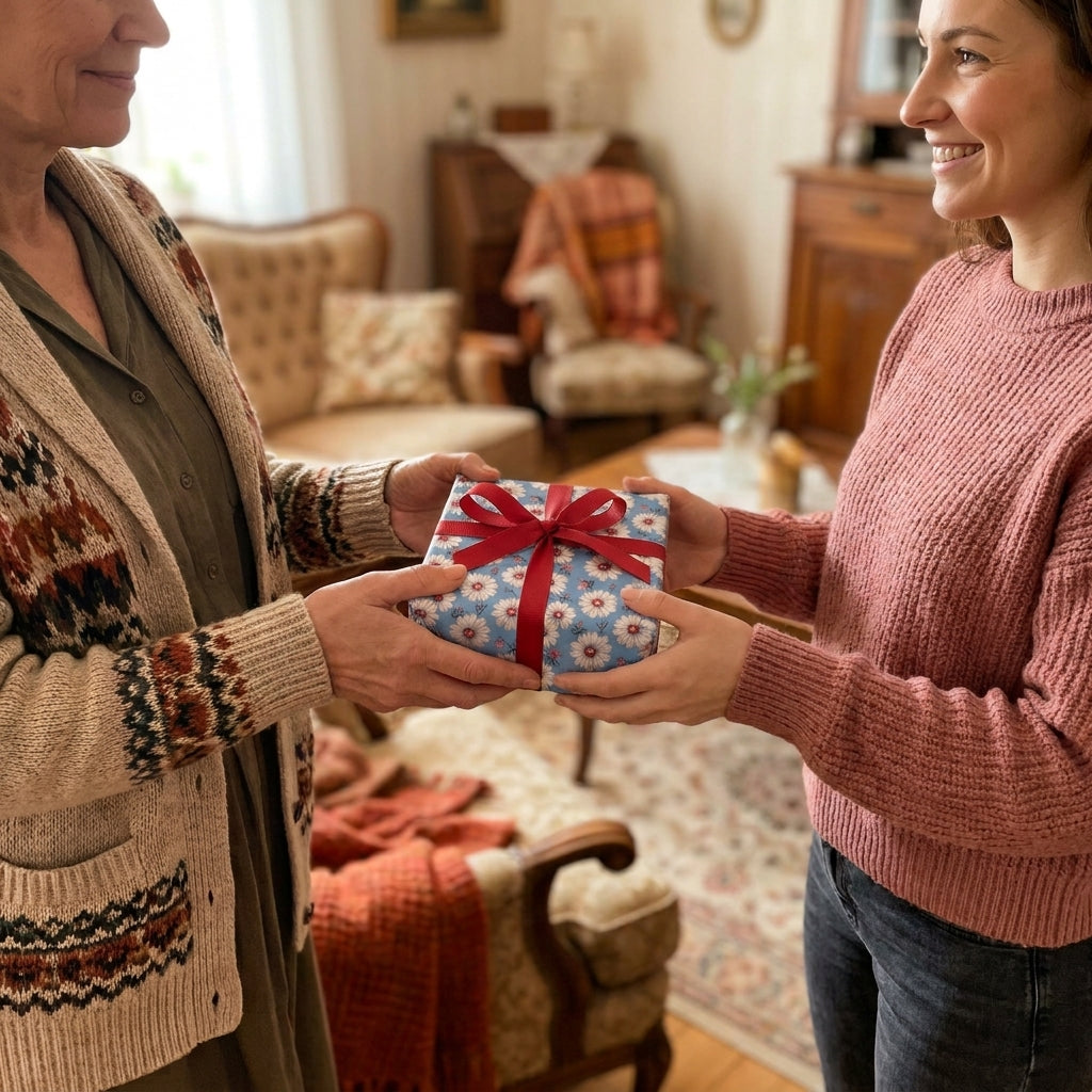 Woman receiving birthday gift in blue floral wrapping paper with red ribbon by Wrapped Studios.