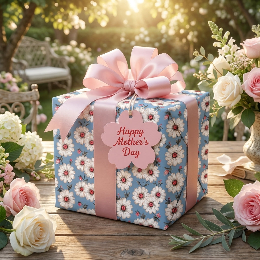 Blue daisy floral wrapping paper with pink bow for Mother's Day gift wrap by Wrapped Studios.