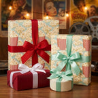 Movie night popcorn wrapping paper with red and mint ribbons by Wrapped Studios.