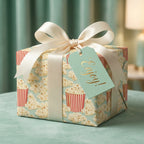 Popcorn movie night wrapping paper on a gift box with a cream satin ribbon bow by Wrapped Studios.