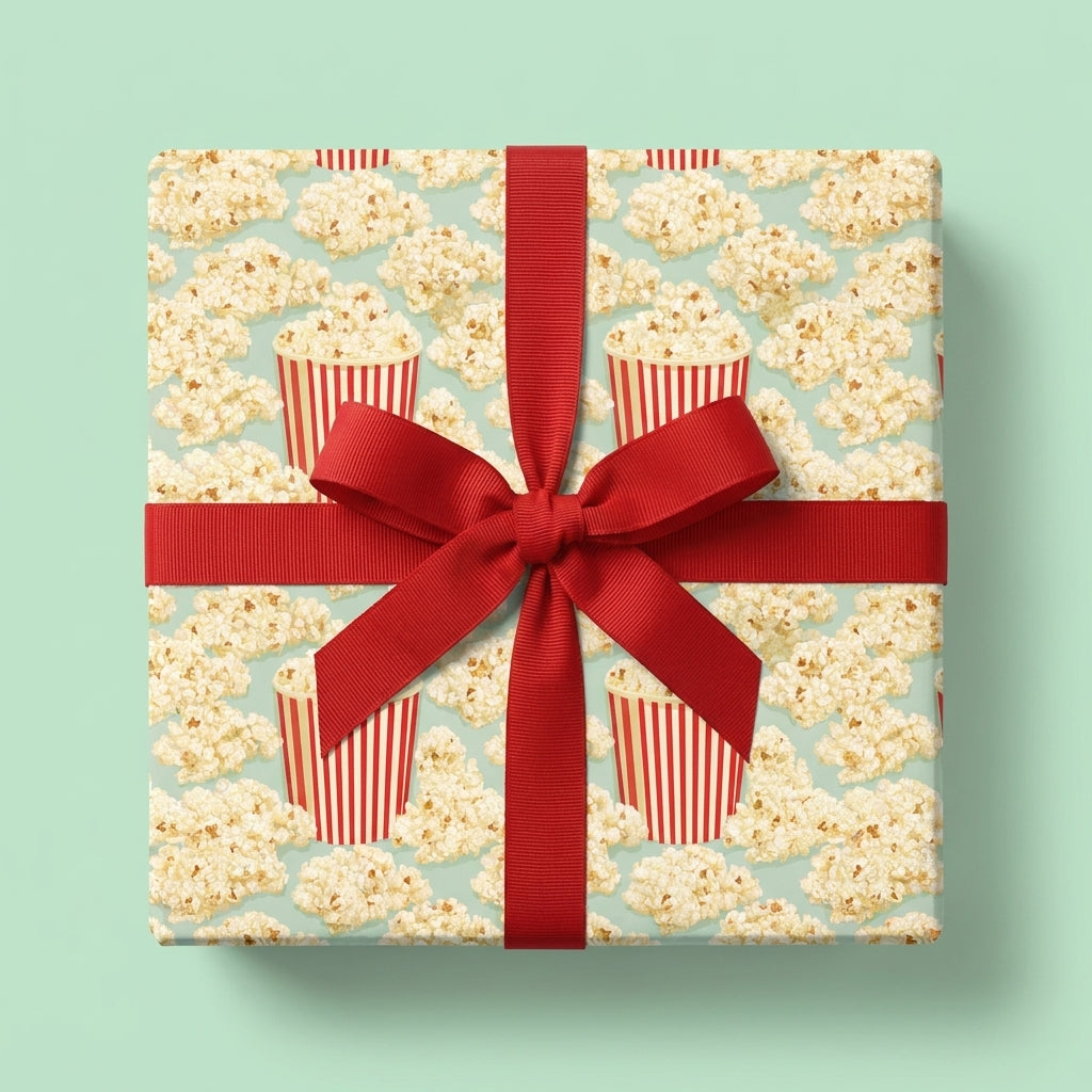 Popcorn wrapping paper with a red ribbon bow on a movie night gift box by Wrapped Studios.