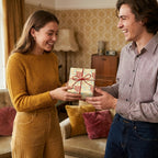 Couple exchanging a birthday gift in retro popcorn wrapping paper with red twine, by Wrapped Studios.