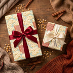Cozy movie night popcorn wrapping paper with satin ribbons on a wood background by Wrapped Studios.