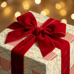 Popcorn wrapping paper with a red velvet ribbon bow on a gift box by Wrapped Studios.