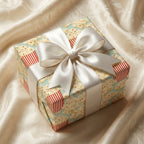 Popcorn movie night wrapping paper on a gift box with a cream satin bow, by Wrapped Studios.
