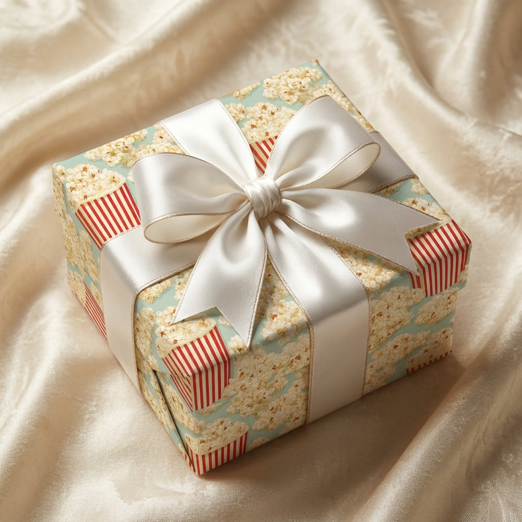 Popcorn movie night wrapping paper on a gift box with a cream satin bow, by Wrapped Studios.