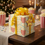 Popcorn movie night wrapping paper by Wrapped Studios on a birthday gift box with a yellow bow.