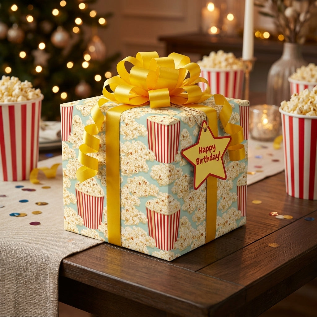 Popcorn movie night wrapping paper by Wrapped Studios on a birthday gift box with a yellow bow.