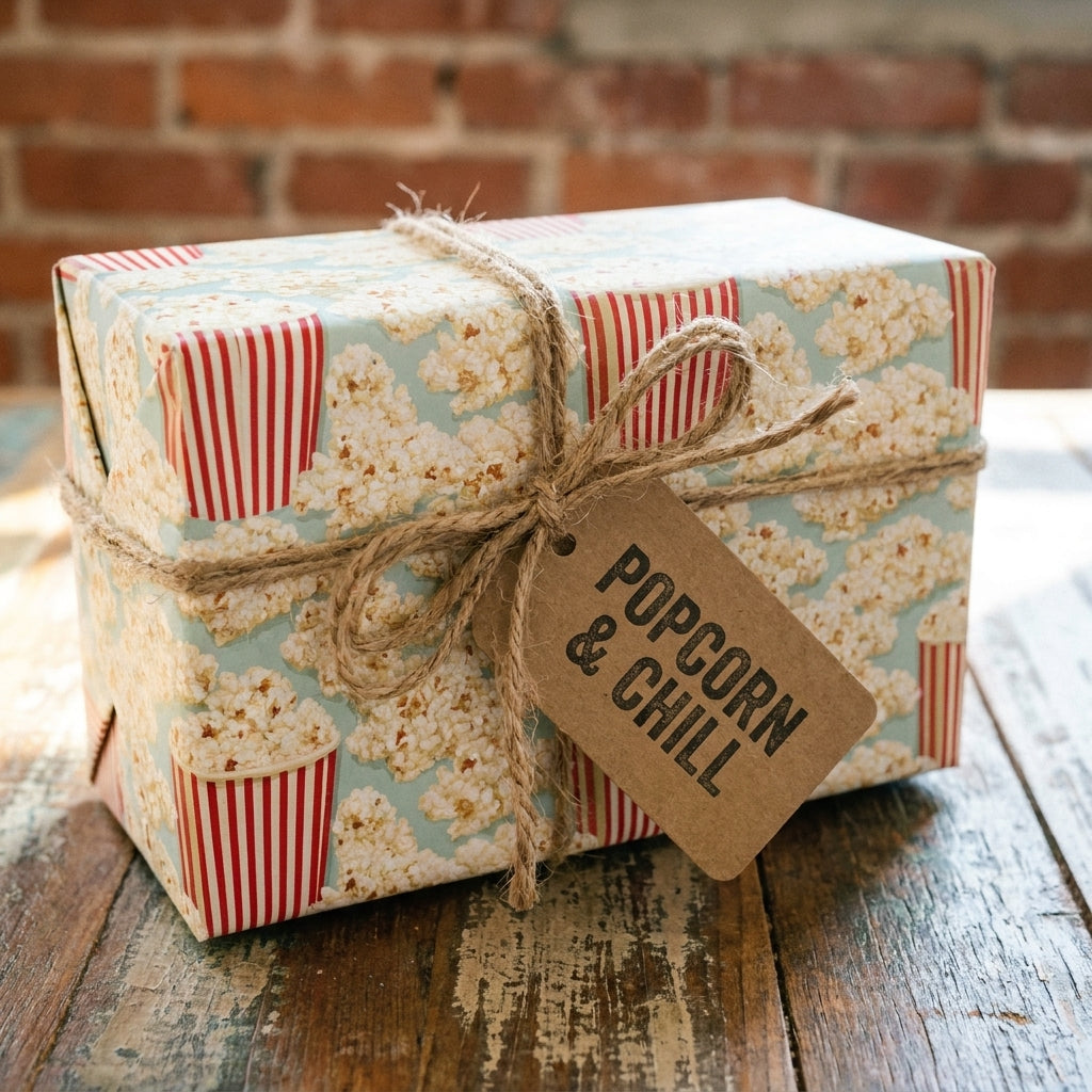 Retro popcorn wrapping paper with rustic twine and 'Popcorn & Chill' tag by Wrapped Studios.