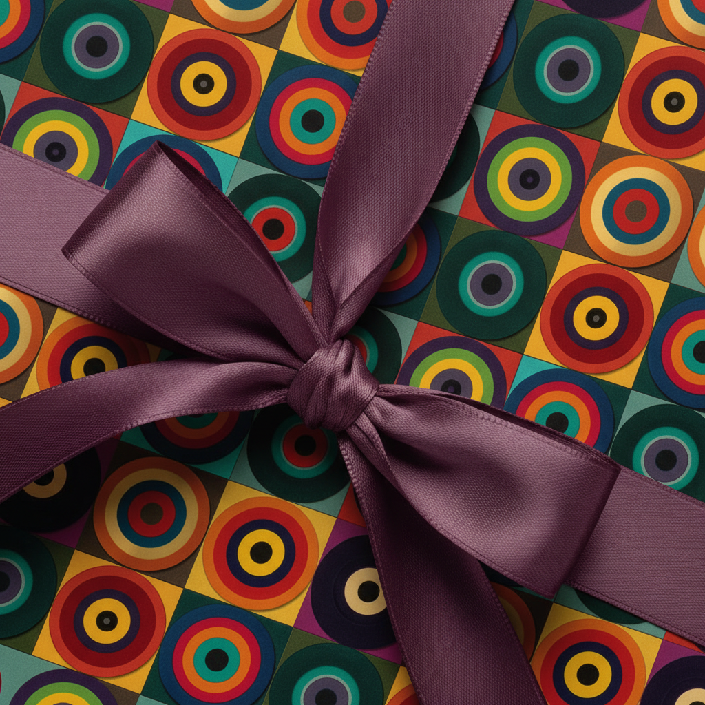 Geometric circle wrapping paper with purple satin ribbon, perfect for unique birthday gift wrap.