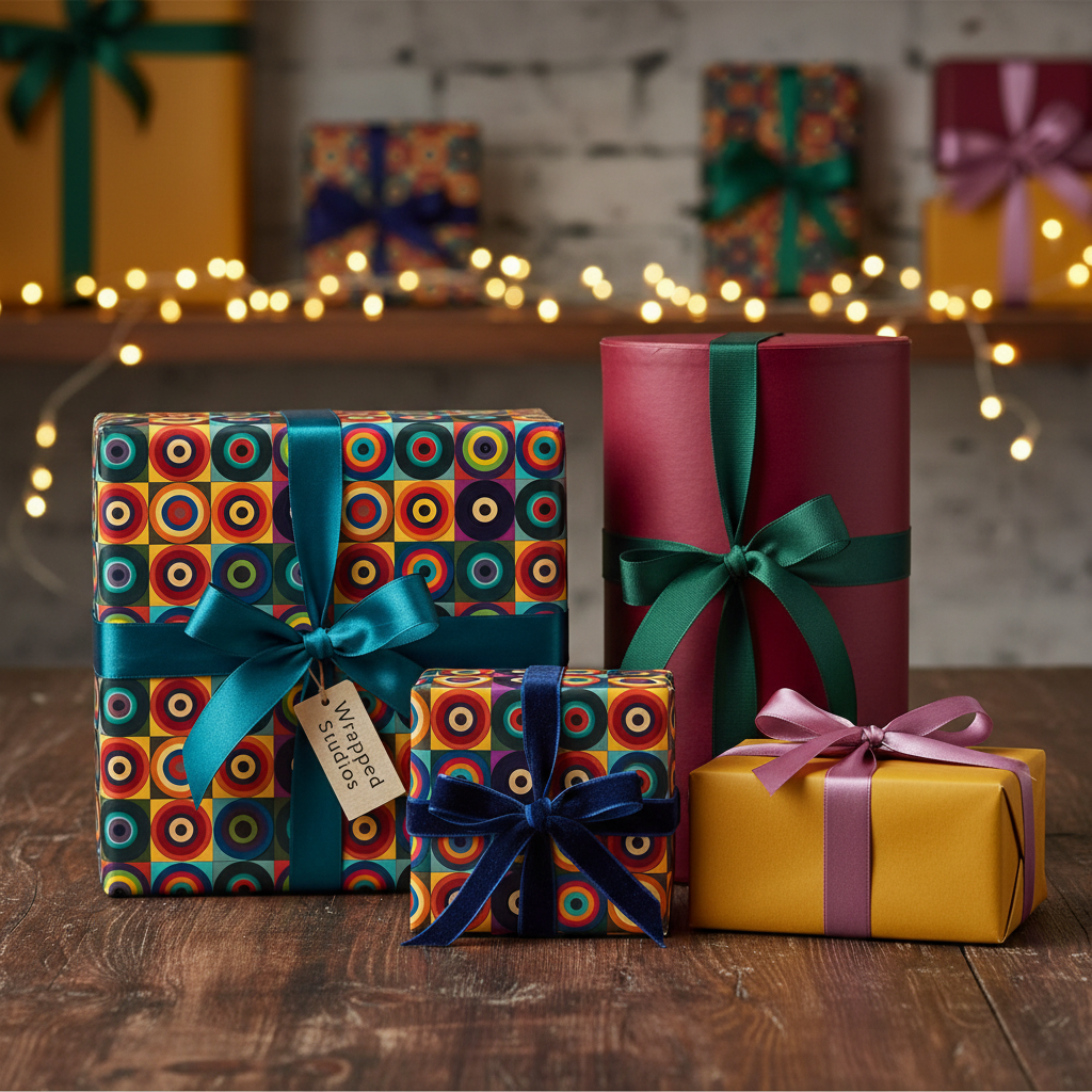 Modern colorful gift wrap with teal, green, red and blue ribbons on assorted wrapped presents for birthdays or holidays.