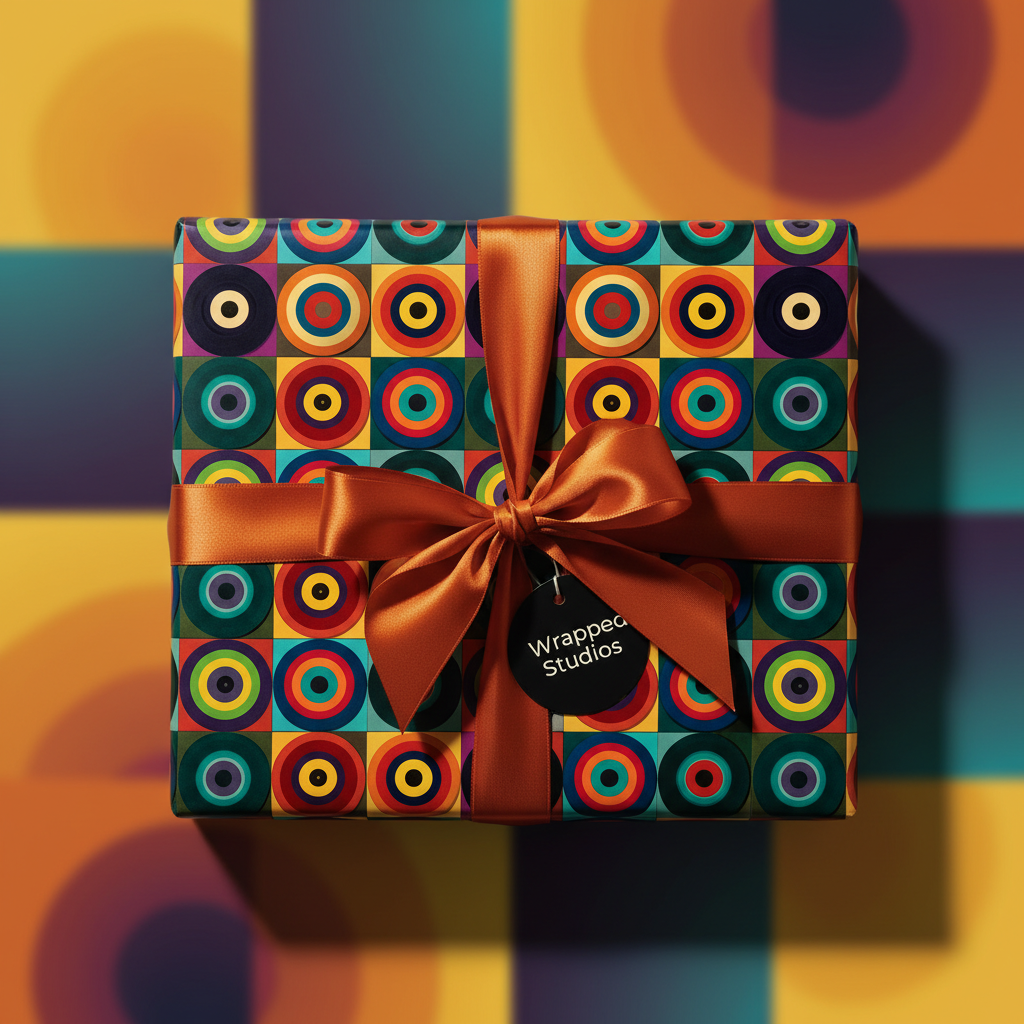 Modern birthday wrapping paper with a colorful geometric pattern and copper satin ribbon bow.