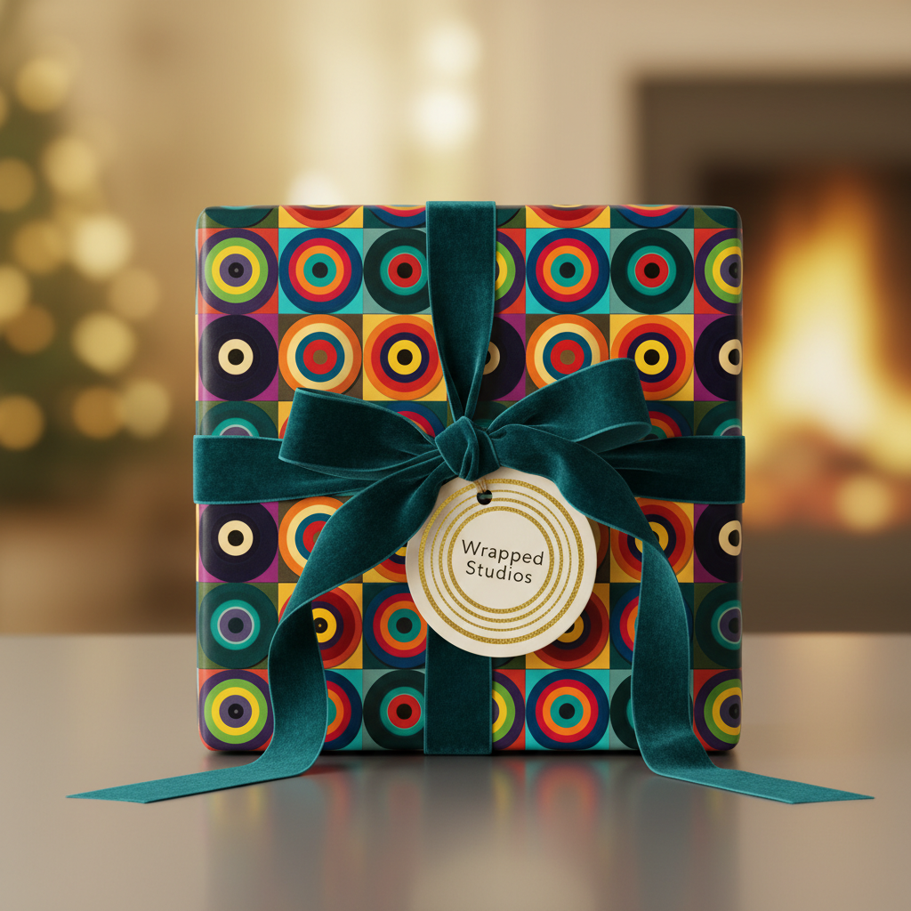 Retro square gift wrapped in colorful geometric patterned wrapping paper with teal velvet ribbon bow.