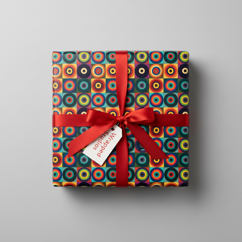 Square gift wrapped in geometric circle wrapping paper with red ribbon and bow.