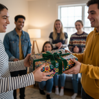 Person giving a birthday gift wrapped in colorful geometric wrapping paper with a green velvet ribbon.