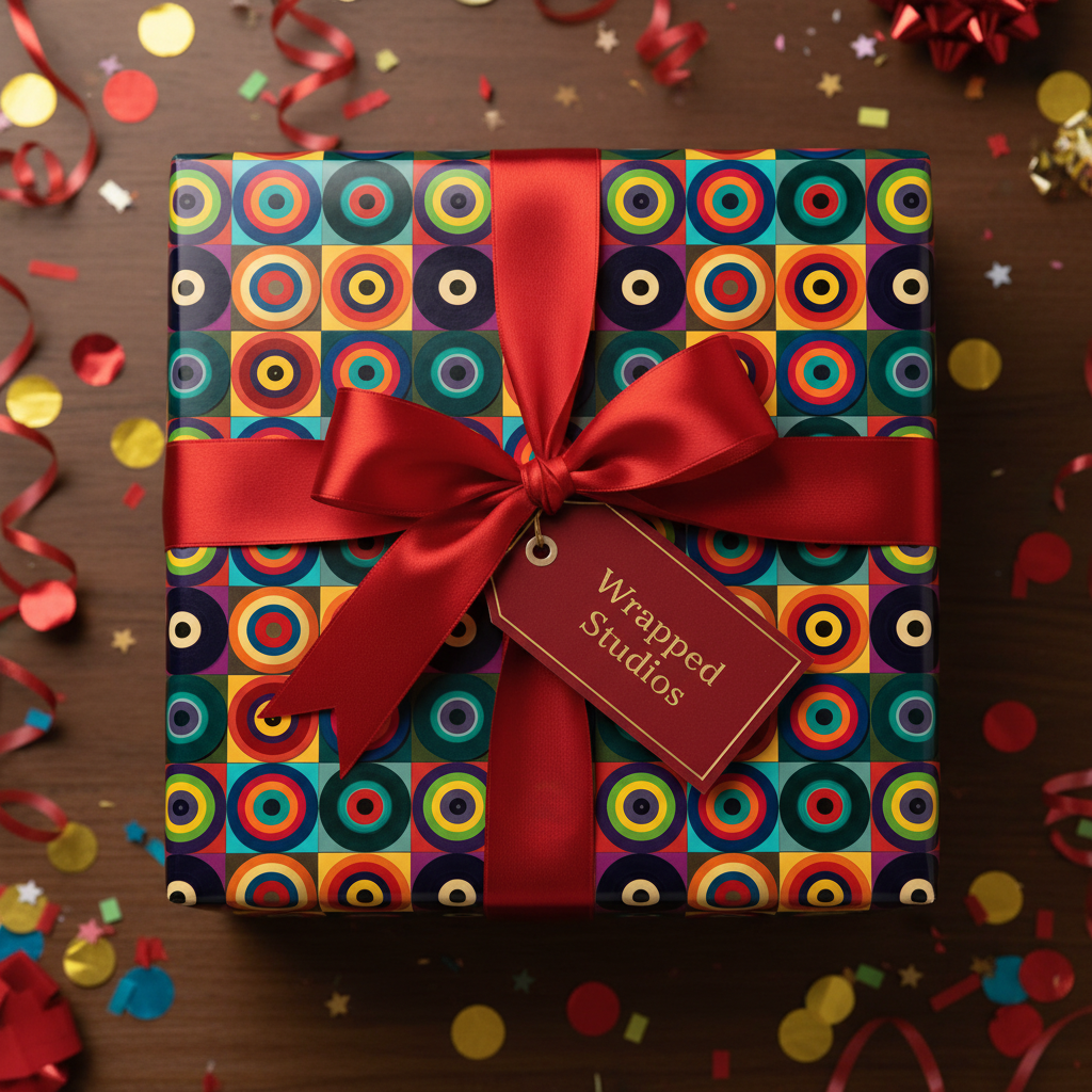 Colorful geometric wrapping paper with red ribbon on a square gift box, surrounded by confetti.