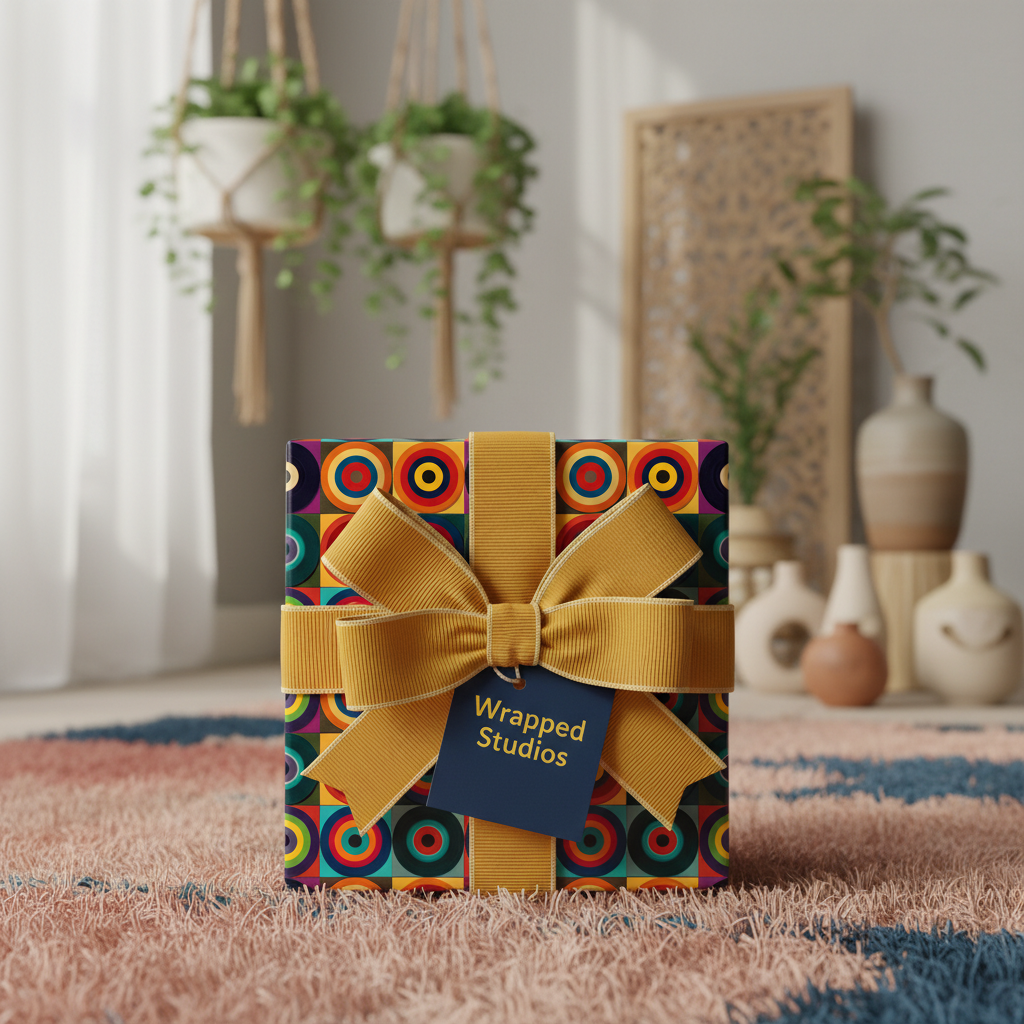 Modern gift with colorful geometric wrapping paper and gold corduroy ribbon.