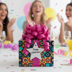 Colorful geometric wrapping paper with a fuchsia ribbon bow for birthday celebrations, confetti falling.