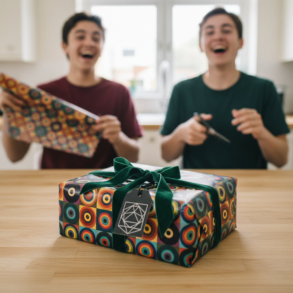 Geometric circle pattern gift wrap with a green velvet ribbon; people wrapping gifts in the background.