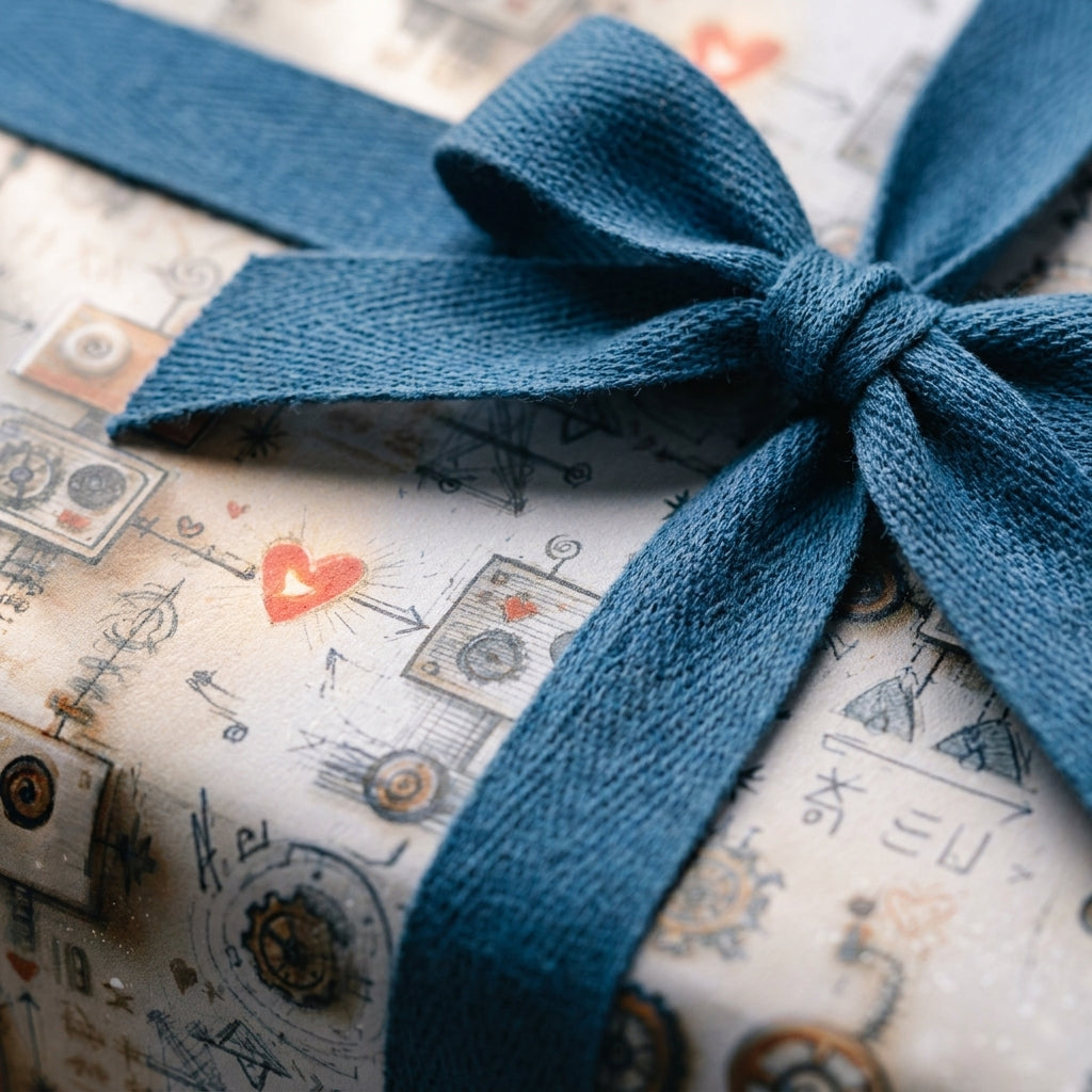 Retro robot wrapping paper with a textured blue ribbon bow, cute birthday gift wrap by Wrapped Studios.