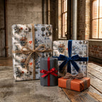 Steampunk robot wrapping paper on gift boxes with velvet and twine bows by Wrapped Studios.