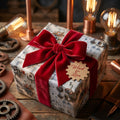 Steampunk wrapping paper with luxury red velvet bow and "Wired for Love" gear tag by Wrapped Studios.