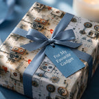 Vintage robot wrapping paper with a blue ribbon and "Favorite Gadget" tag by Wrapped Studios.