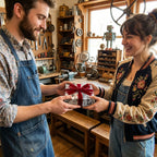 Couple exchanging a gift with industrial gear wrapping paper and red velvet bow by Wrapped Studios.