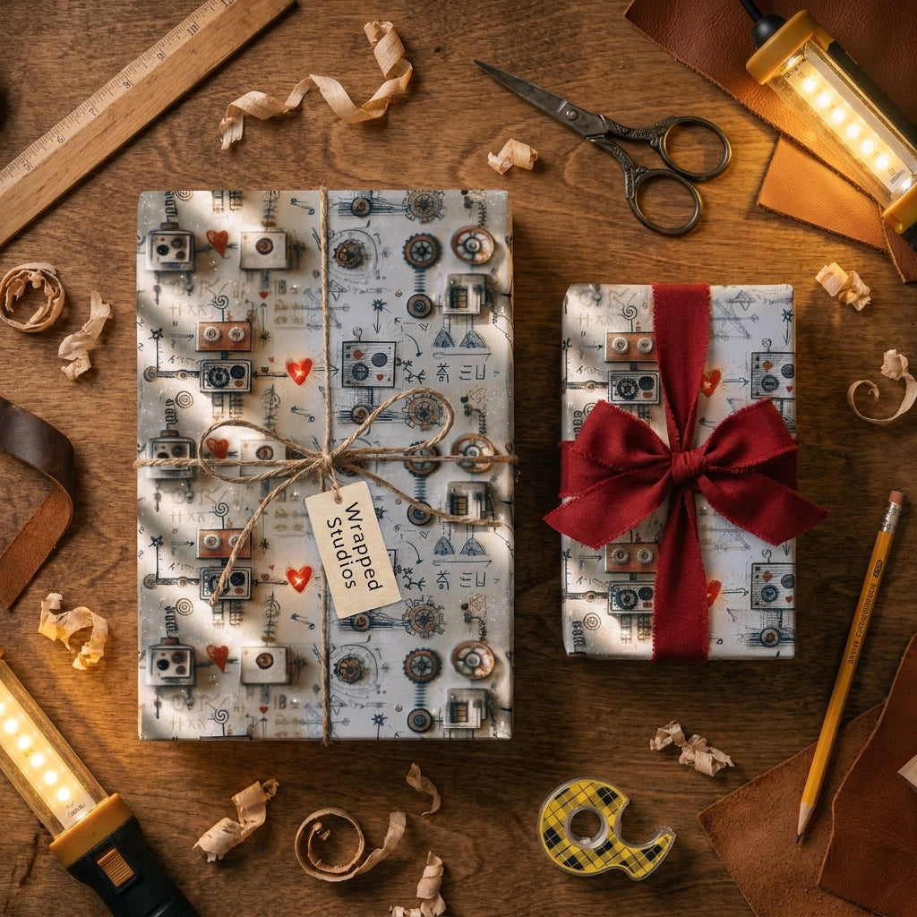 Steampunk robot wrapping paper with a red bow and twine tag on gifts by Wrapped Studios.