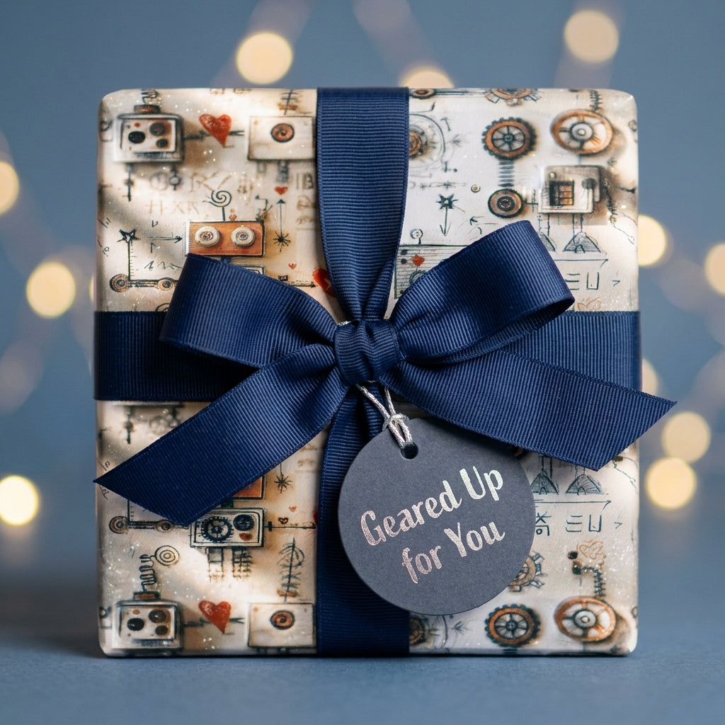 Steampunk wrapping paper with a robot and gear pattern, tied with a navy ribbon. By Wrapped Studios.