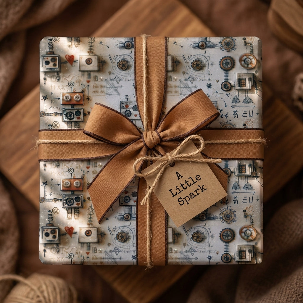 Vintage robot wrapping paper on a gift box with a brown bow and tag by Wrapped Studios.
