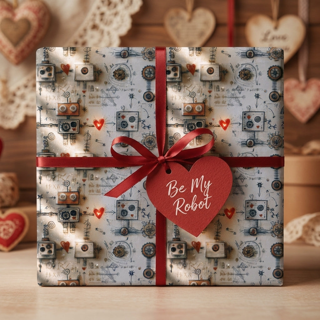 Valentine's Day robot wrapping paper with a red ribbon and heart tag by Wrapped Studios.