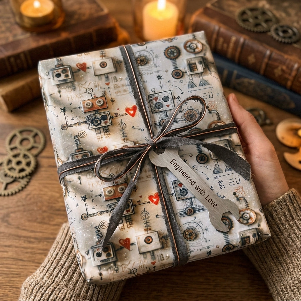 Hands holding a gift in steampunk robot wrapping paper with a wrench tag. Wrapped Studios gift wrap.