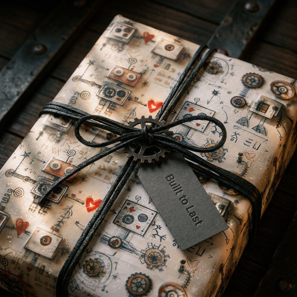 Vintage robot wrapping paper with gears and hearts, tied with a black cord and gear charm by Wrapped Studios.