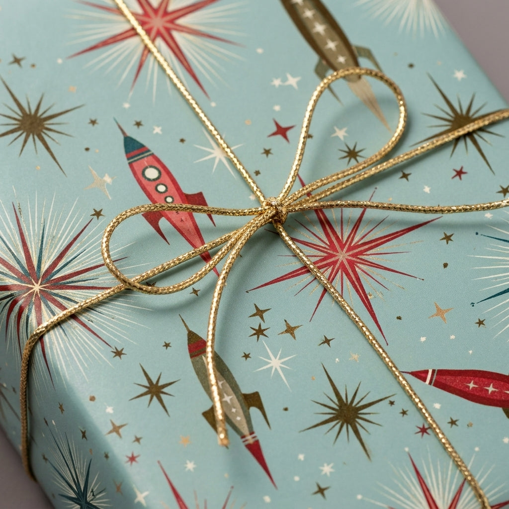 Teal retro space wrapping paper with rockets and starbursts, tied with gold bow by Wrapped Studios.