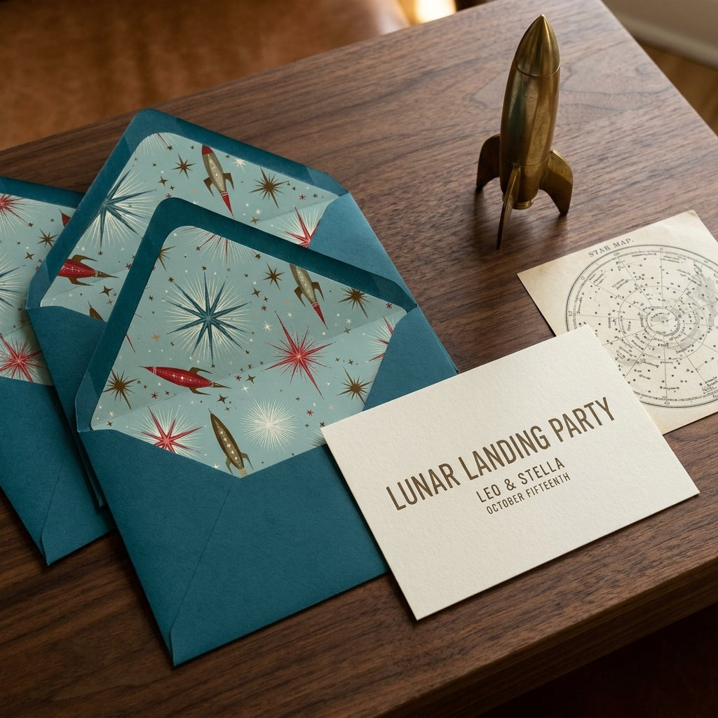 Retro space rocket wrapping paper used as envelope liners for a party invitation by Wrapped Studios.
