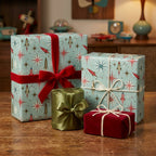Retro Christmas wrapping paper with mid-century modern rocket and starburst patterns by Wrapped Studios.