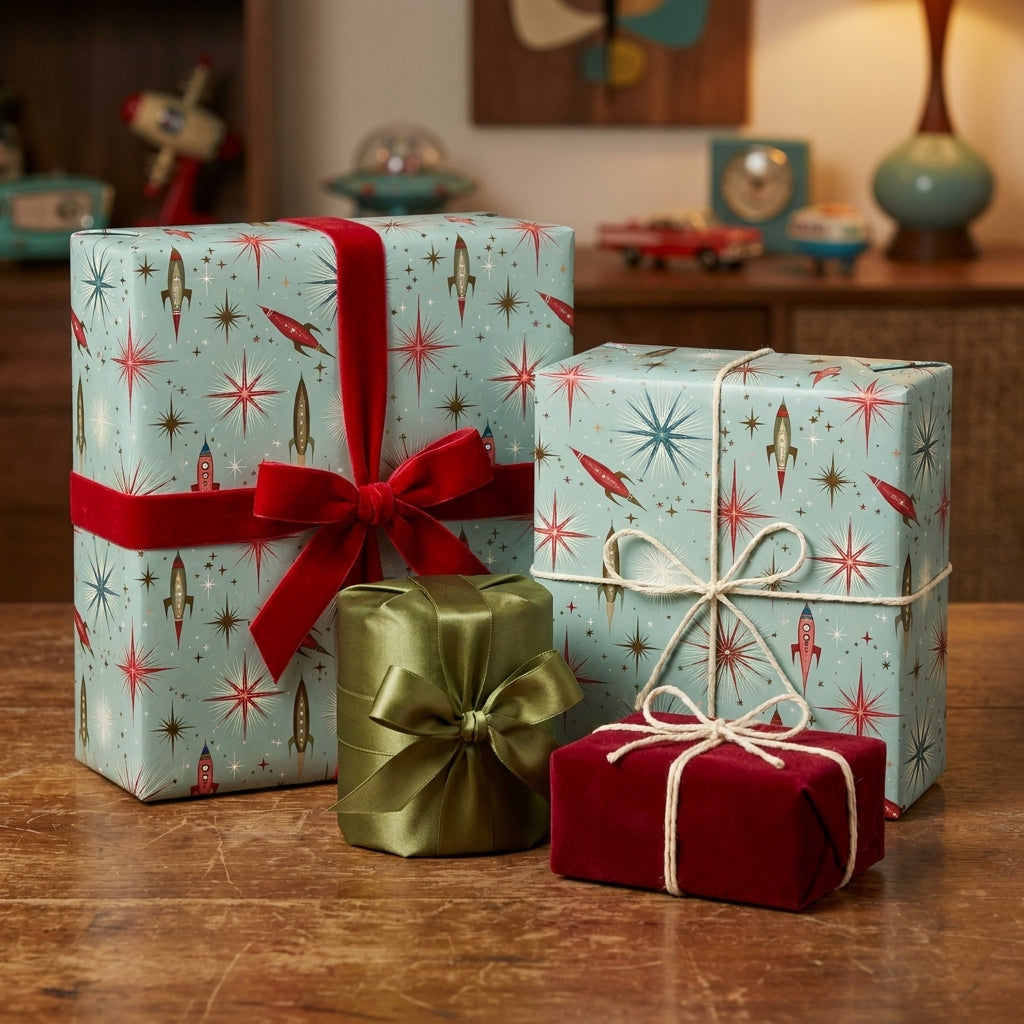 Retro Christmas wrapping paper with mid-century modern rocket and starburst patterns by Wrapped Studios.