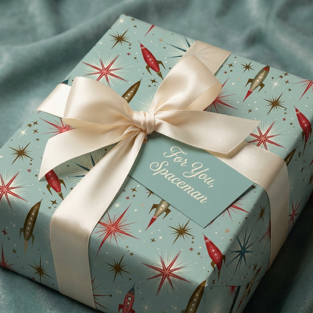 Retro space wrapping paper with vintage rocket ships and cream satin ribbon by Wrapped Studios.