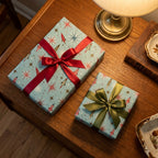 Retro space wrapping paper with rocket pattern on blue holiday gift boxes by Wrapped Studios.