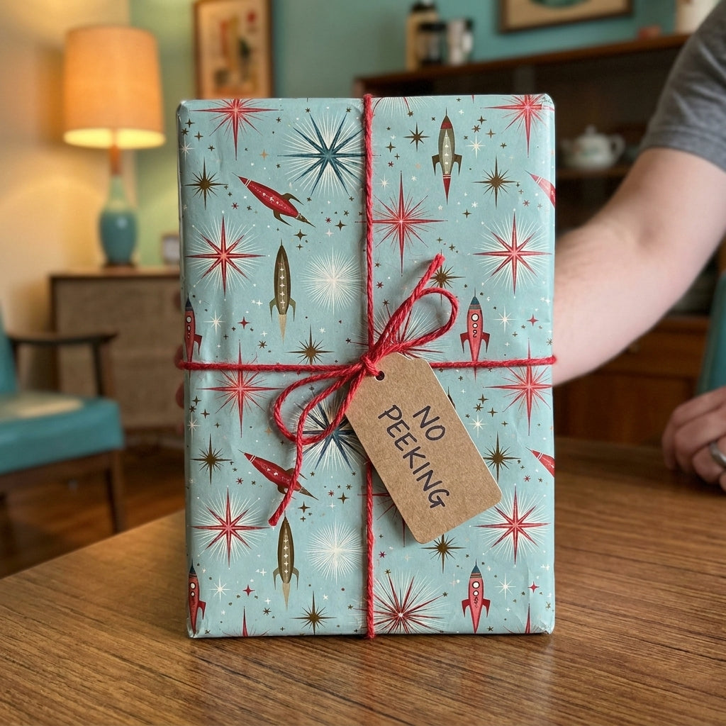 Retro mid-century modern space wrapping paper with rockets and starbursts by Wrapped Studios.
