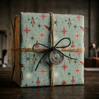 Retro rocket wrapping paper with starbursts on a gift box with twine by Wrapped Studios.