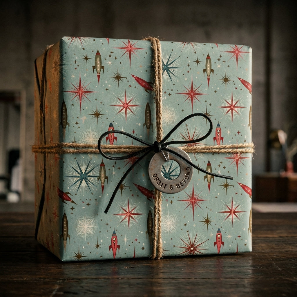 Retro rocket wrapping paper with starbursts on a gift box with twine by Wrapped Studios.