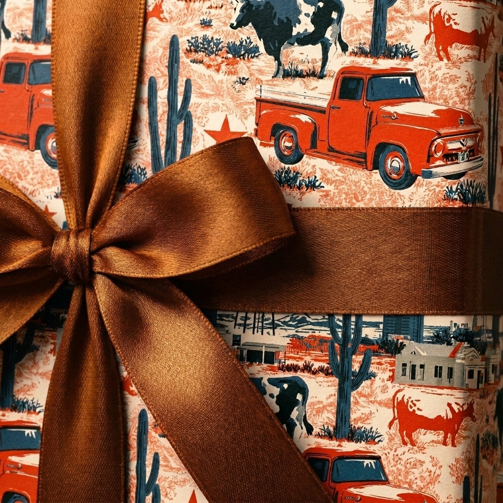 Rustic western wrapping paper with red vintage trucks and a brown satin bow by Wrapped Studios.
