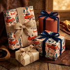 Rustic western wrapping paper with vintage red trucks and burlap ribbon on gift boxes by Wrapped Studios.