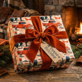 Texas Christmas wrapping paper with red trucks and cows, tied with rust velvet ribbon by Wrapped Studios.