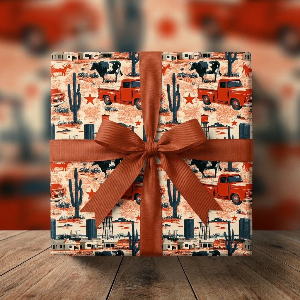 Western wrapping paper with vintage red trucks and cacti, tied with a rust bow by Wrapped Studios.